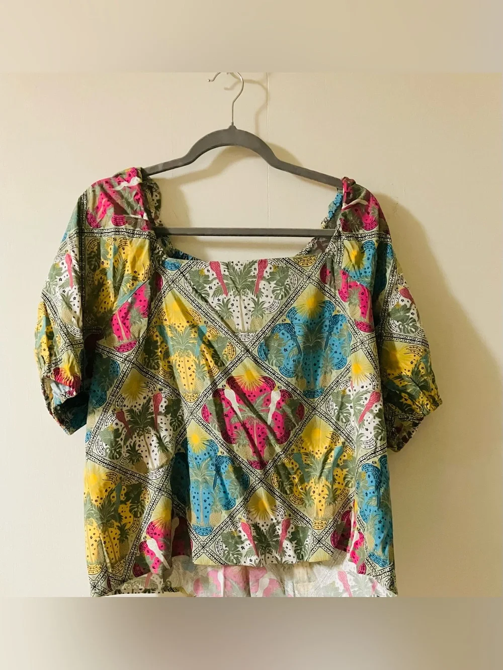 LOFT Vibrant Palm Bubble Sleeve Square Neck Blouse - Size Medium